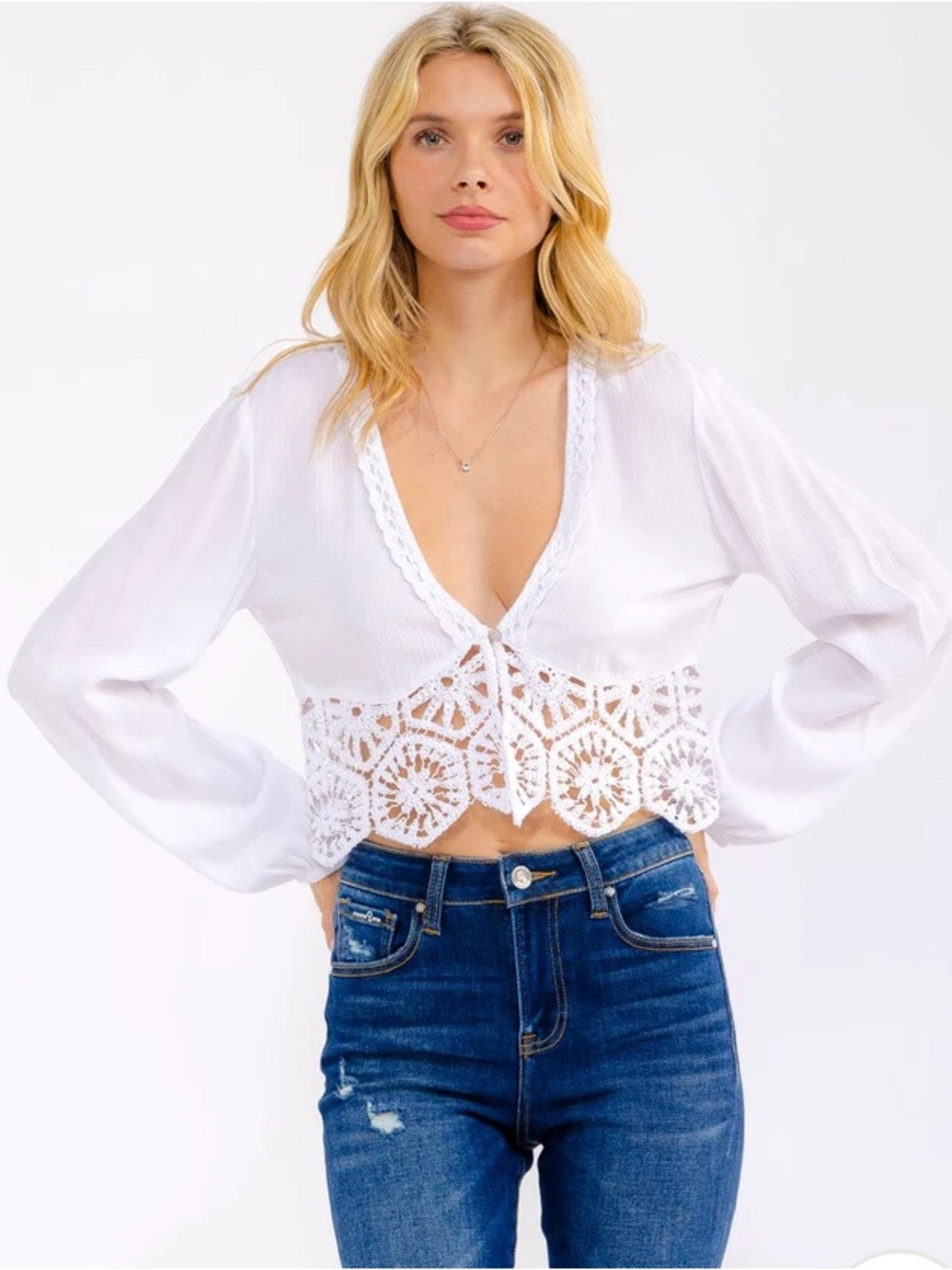 Love Tree White Crochet-Trim V-Neck Cropped Top various sizes